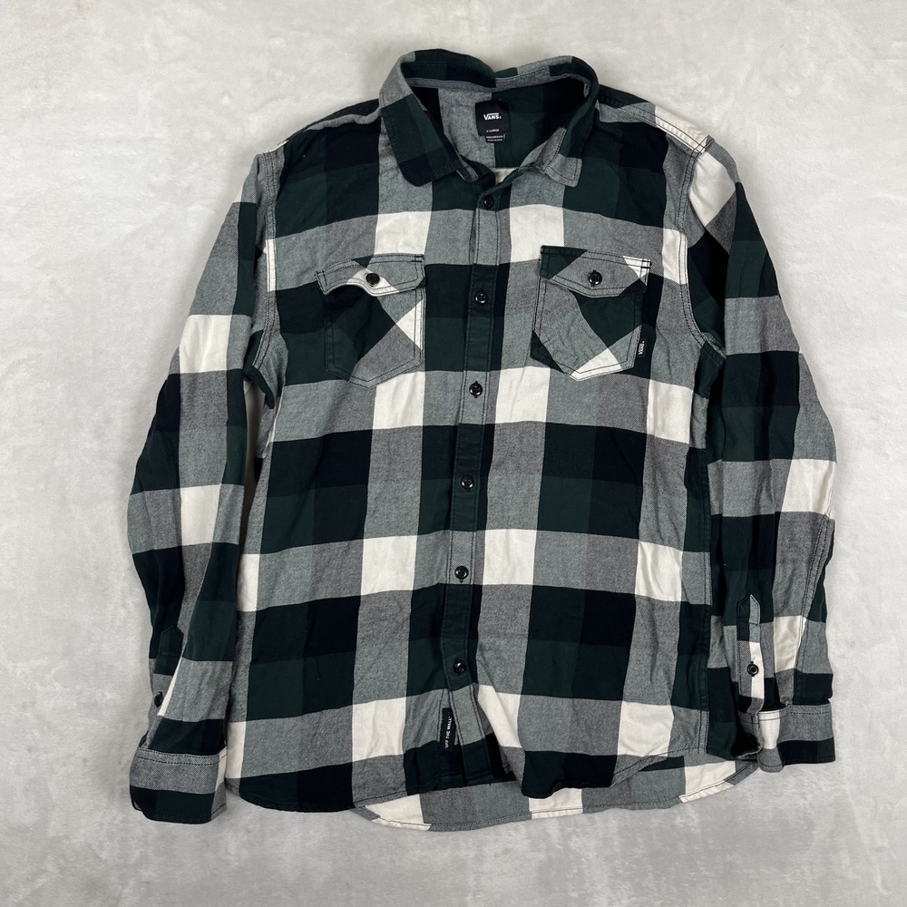 Vans Shirt Mens XL Green Black Plaid Flannel Long Sleeve Button Front Casual